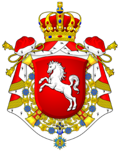 Brasão do Reino de Hanôver, vermelho com cavalo rampante de prata, encimado pela Coroa de Hanôver, sustentado por um manto vermelho e rodeado pelos colares das Ordens de Otto o Grande e da Cruz de Ferro.